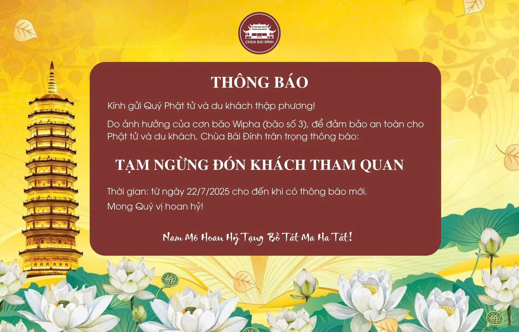 CHÙA BÁI ĐÍNH TẠM DỪNG ĐÓN KHÁCH THAM QUAN DO ẢNH HƯỞNG CỦA BÃO WIPHA